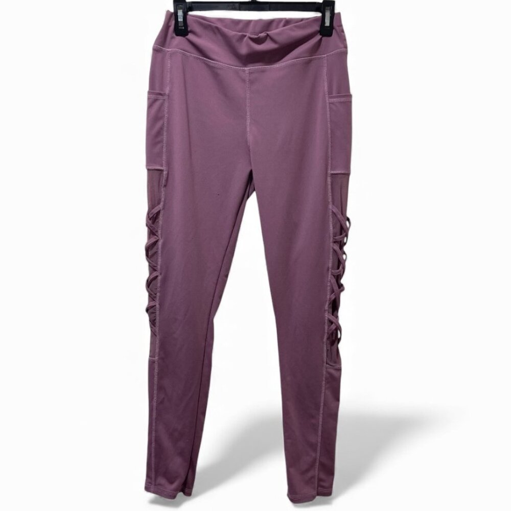 Womens Lavender High-Waisted Leggings With Side Crisscross Detail & Pockets L/XL - Picture 1 of 12